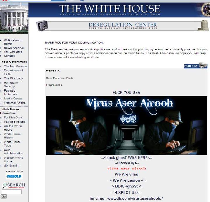 The White House’s Official website of George W. Bush, XSSed by virus aser alrooh.