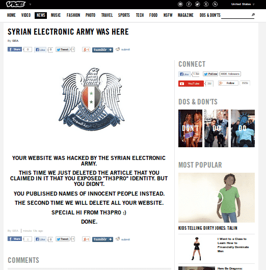 Syrian Electronic Army hacks, ‘vice.com’ website redirected to SEA official Website.