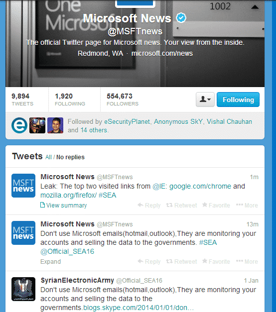 Official Microsoft News Twitter Account Compromised by Syrian Electronic Army.