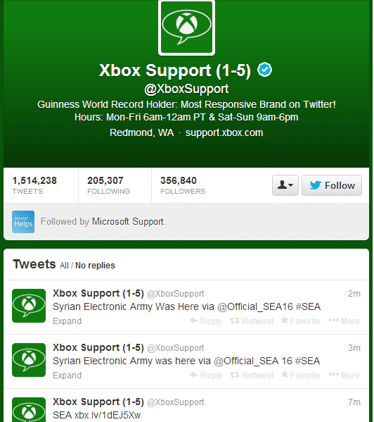 Microsoft’s Xbox Twitter and Instagram Account  hacked by Syrian Electronic Army, “Game on!”.