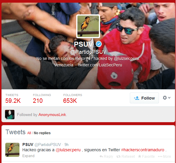 LulzSec Peru Hacks official twitter Account of United Socialist Party of Venezuela against Internet censorship