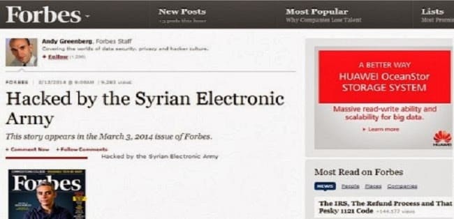 Forbes website (forbes.com) and twitter Accounts hacked by Syrian Electronic Army