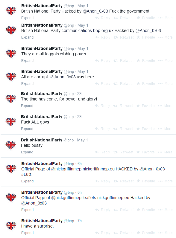 British National Party (BNP) Website and twitter Accounts hacked, offensive messages posted