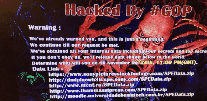 Sony Pictures Hacked, Every Computer in the Office showing weird image with a message saying Hacked By #GOP.