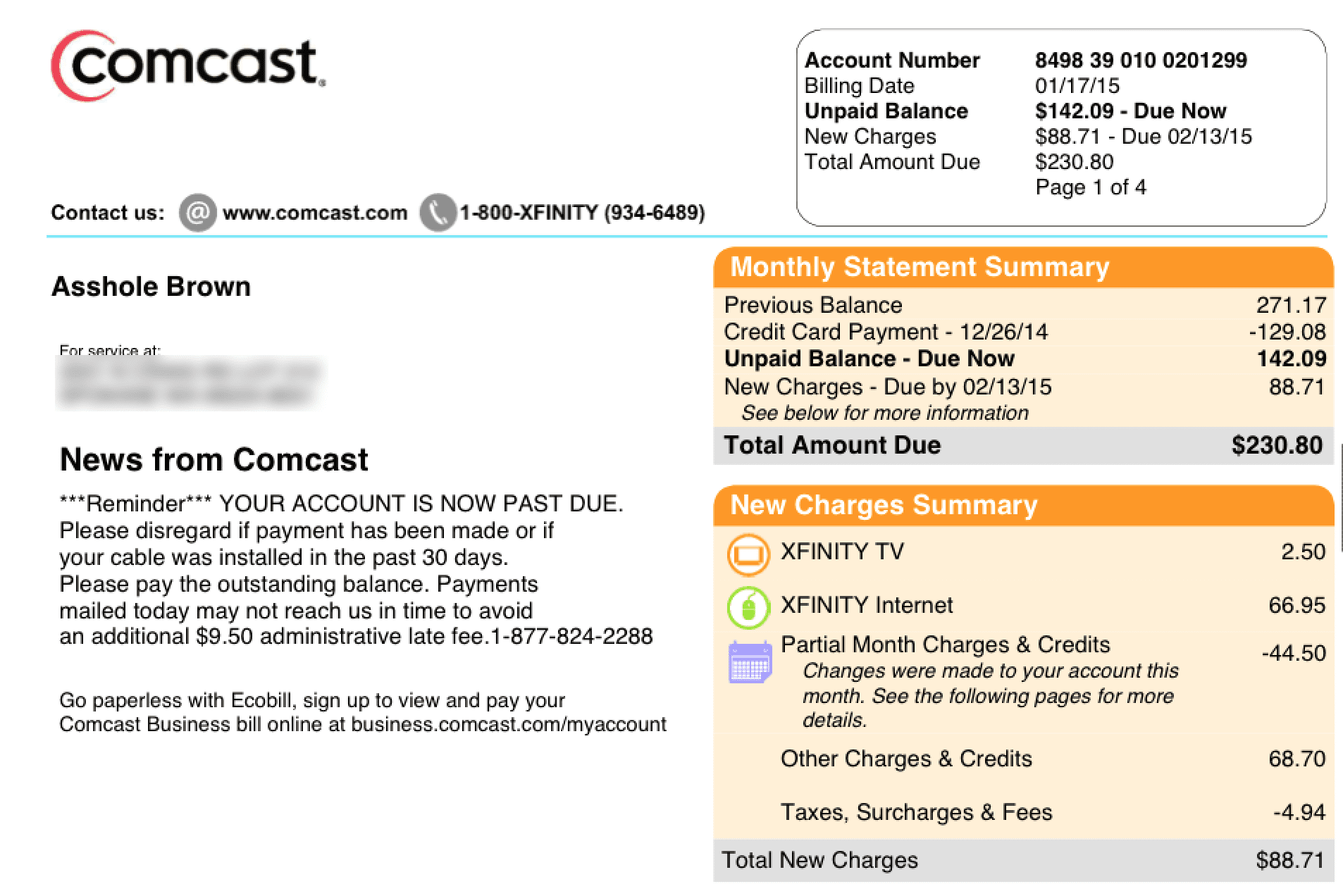 Comcast calls its customer, Mr. Brown an Asshole and puts it in writing