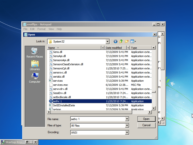 Go to Windows/System32. Now do EXACTLY as I say, or you MIGHT break the computer. Under "Files of type," select "All files." Scroll down and find "cmd," then make a copy of it in the same folder (Ctrl-C, Ctrl-V). You should get a file named "cmd - Copy" or something like that.