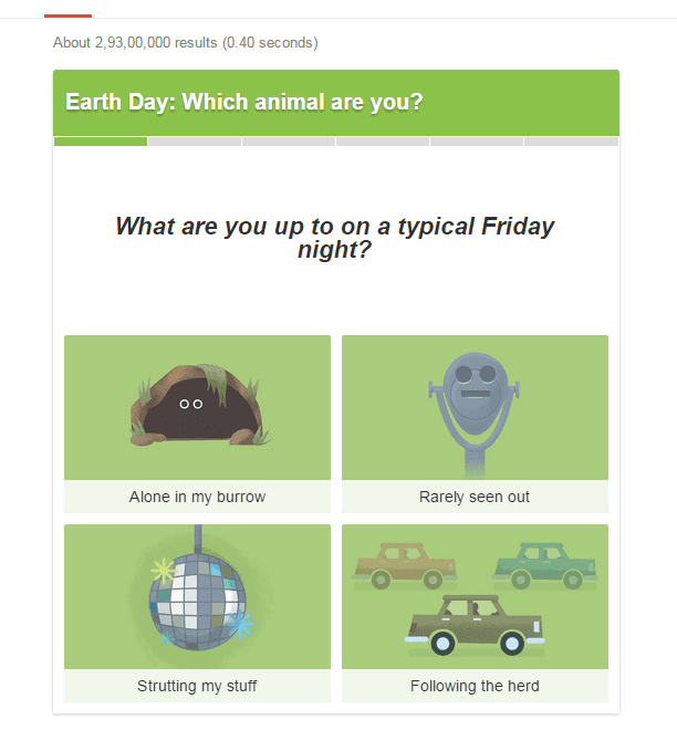 Google celebrates Earth Day 2015 with its new Google Doodle quiz that tells "which animal are you?"