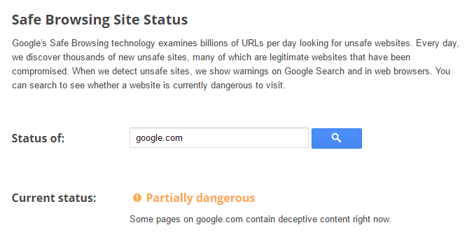 Google.com is dangerous website warns Google safe browsing