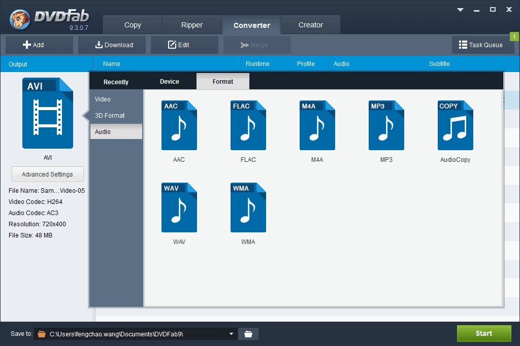 Convert a video file into audios of popular formats