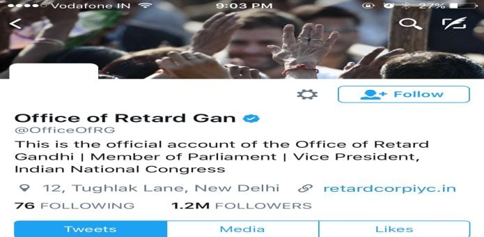 Office of Retard Gandhi : Unknown hacker changes handle of Rahul Gandhi's Twitter handle and posts some obscene political stuff