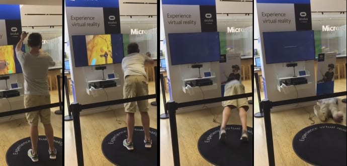 Man Using VR Headset In Microsoft Store Falls Off Fake Cliff And Hits Real Floor