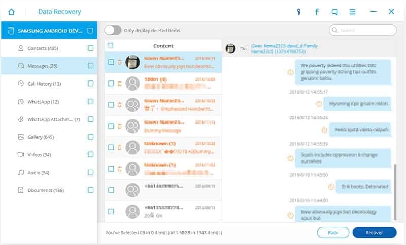 Step 5: After successful completion of the scan process, you can see your retrieved data on the window. Now, from the left side window pane, select the “message” and your lost messages will appear in front of you.