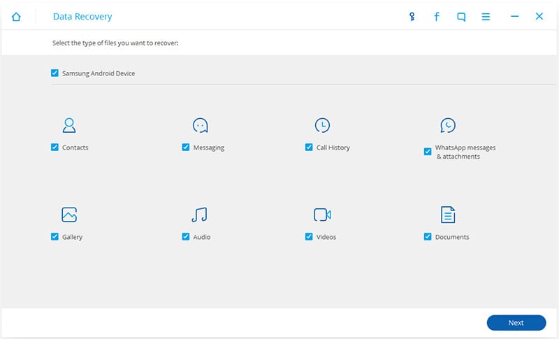 Step 4: Your device is successfully connected now and you can see a window containing many types of files that can be recovered. Deselect all and select only the “Gallery” option. Click “next” to continue further.