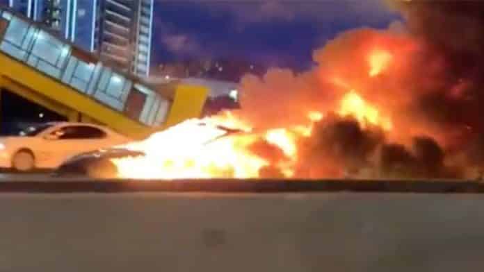 Tesla electric car on autopilot mode crashes into tow truck in Moscow, catches fire