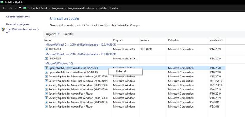 Uninstall Windows 10 Update