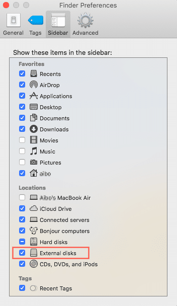 external disk in finder