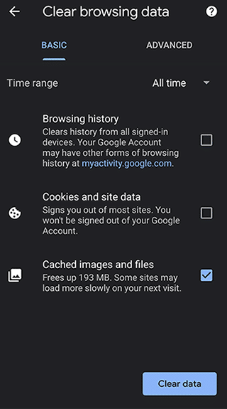 Android Chrome Cache Clear
