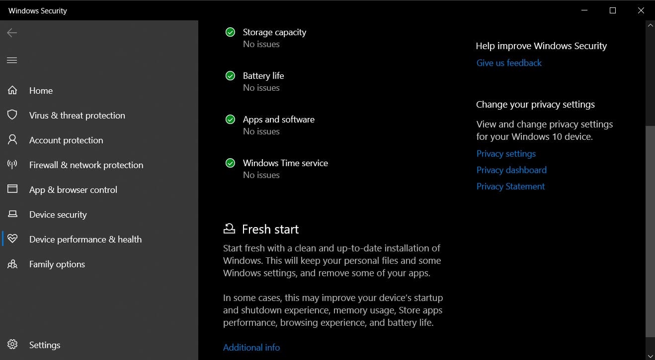 fresh start windows 10