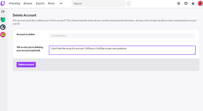 Delete Twitch Account