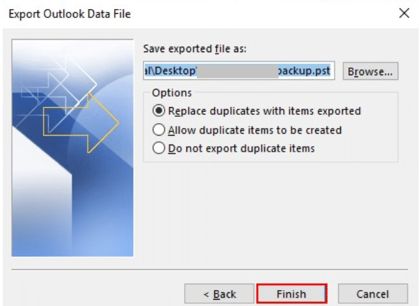 exported pst file options