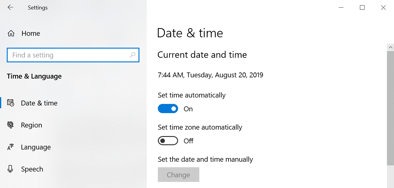 date and time windows 10