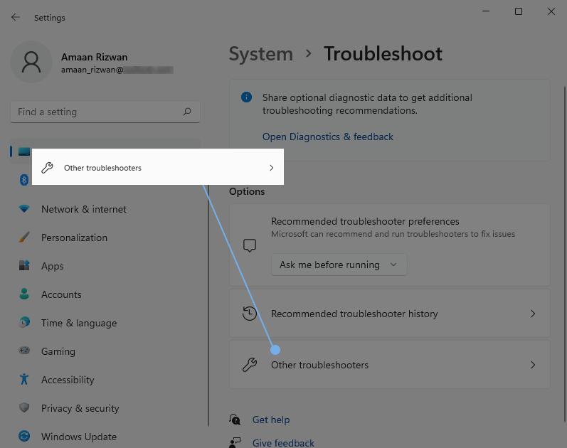 Troubleshooter Option Windows 11