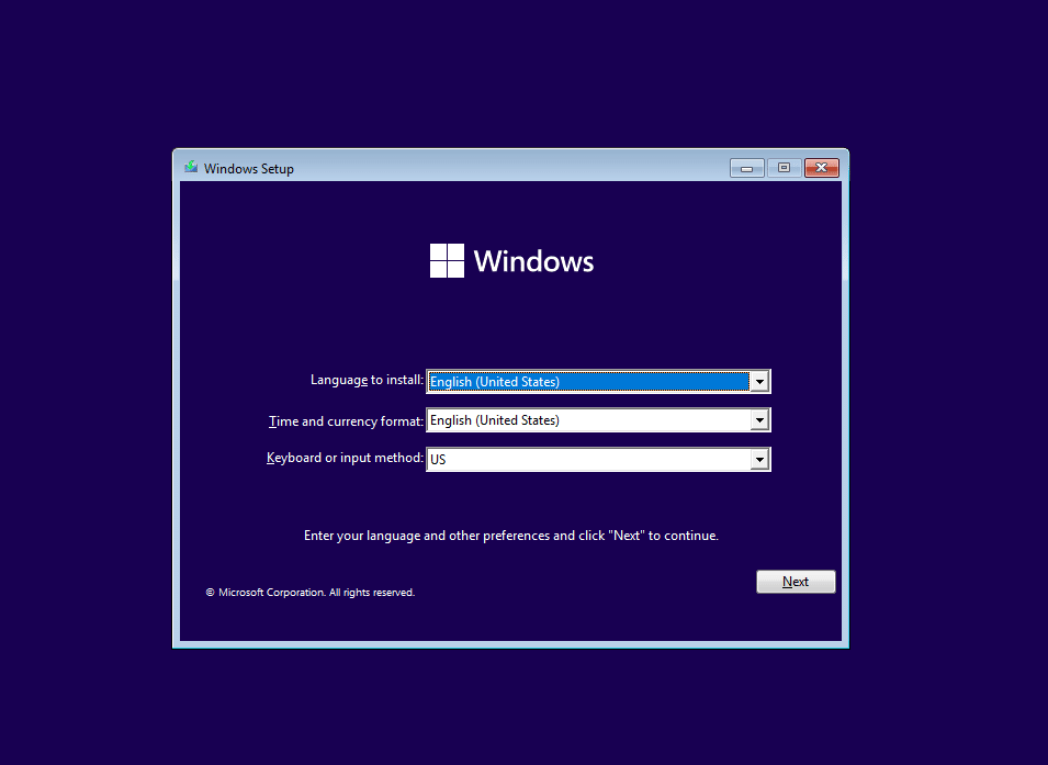Windows 11 installation - language setup