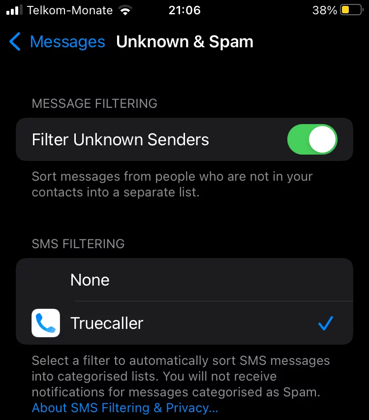 Truecaller Message Filtering