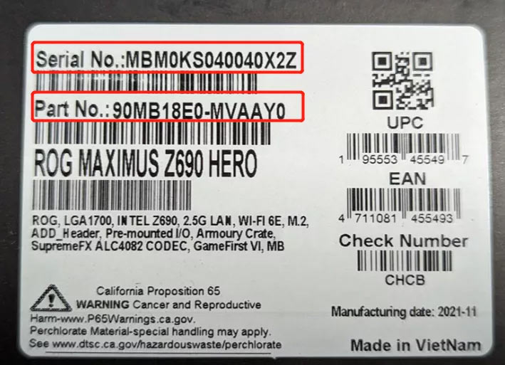 ROG Maximus Hero Z690 recall serial number