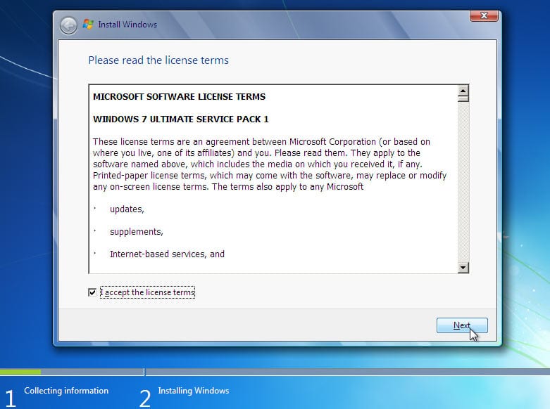 Windows 7 terms while installing