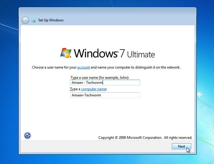Windows 7 User name set up