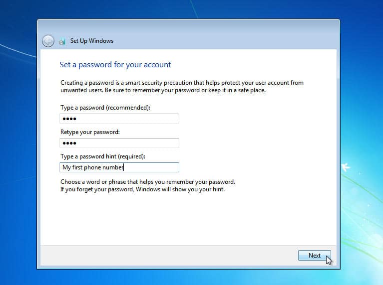 Windows 7 Password setup