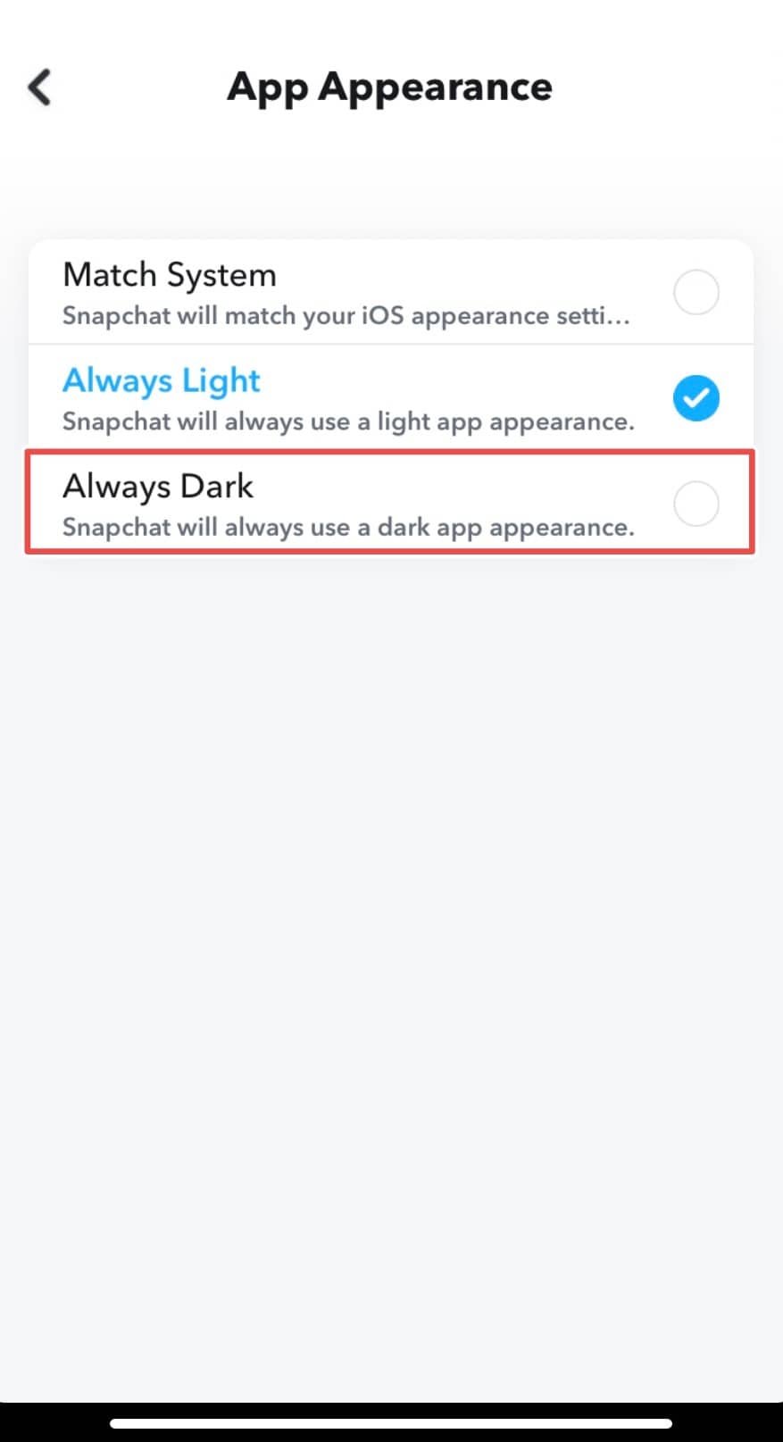dark mode on Snapchat on iOS