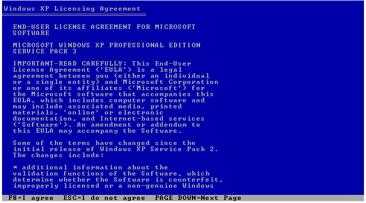 Windows XP installation agreement