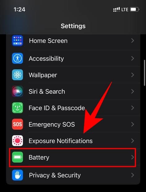 Battery in iPhone settings