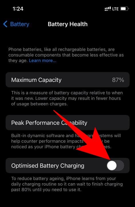 iPhone battOptimised battery charging featureery health settings