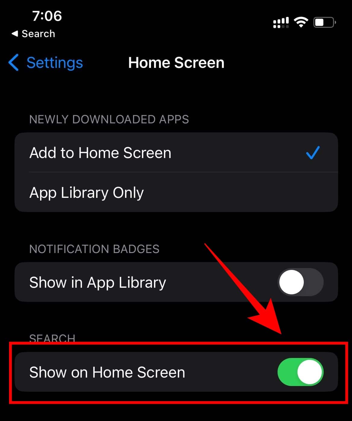 search settings home screen