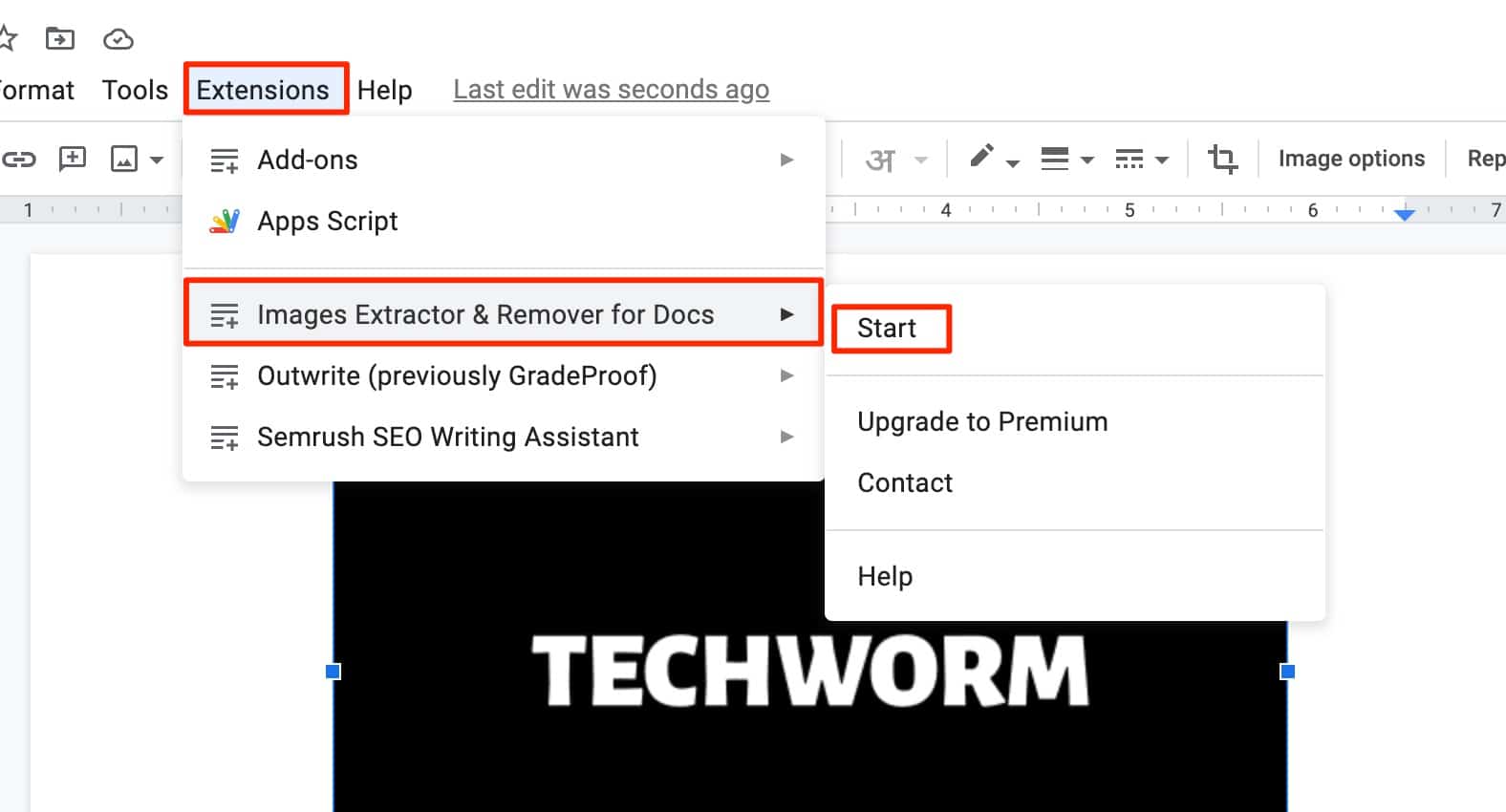 Start the Image Extractor add-on in Google Docs