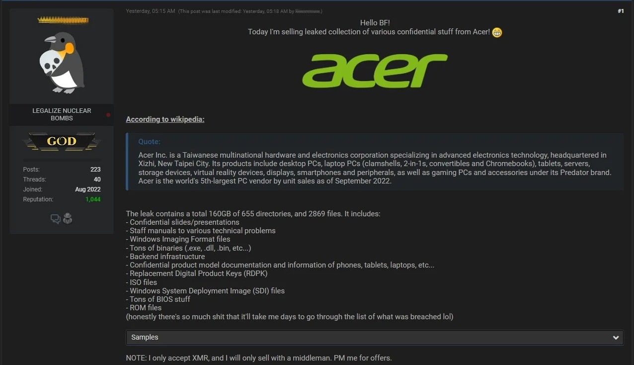 Acer Confirms Data Breach After Hacker Sells 160GB Of Its Data Online - 20