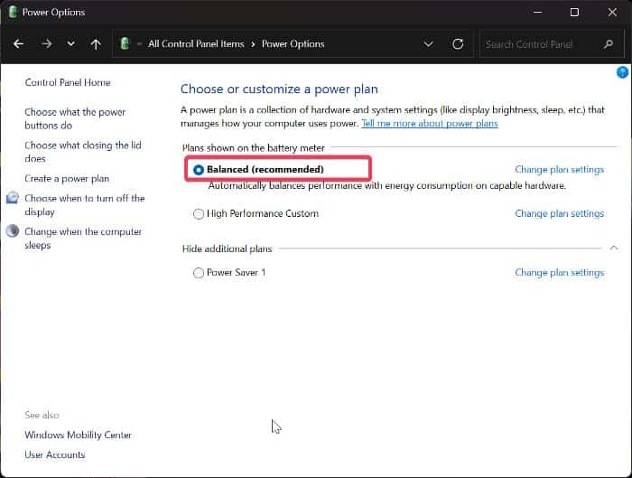 Set balanced power mode via control panel