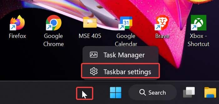 Open Taskbar Settings to unhide Search Bar