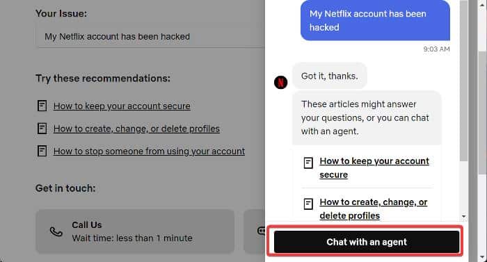 Chat with an agent from Netflix