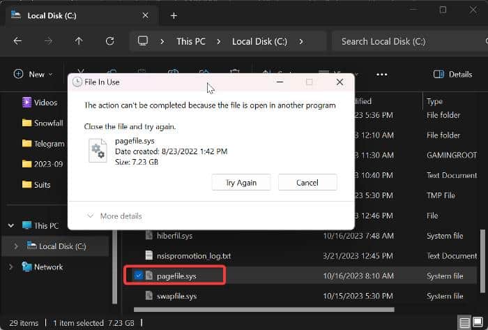 Can't delete pagefil.sys on File Explorer