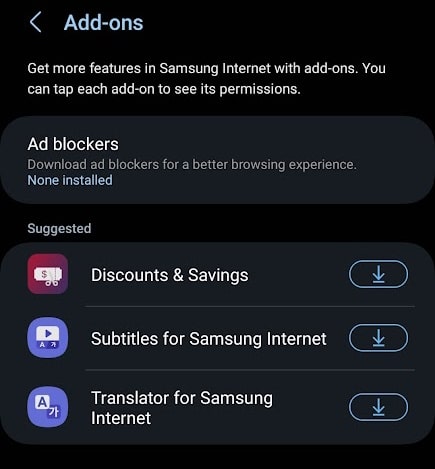Samsung Internet browser with extensions