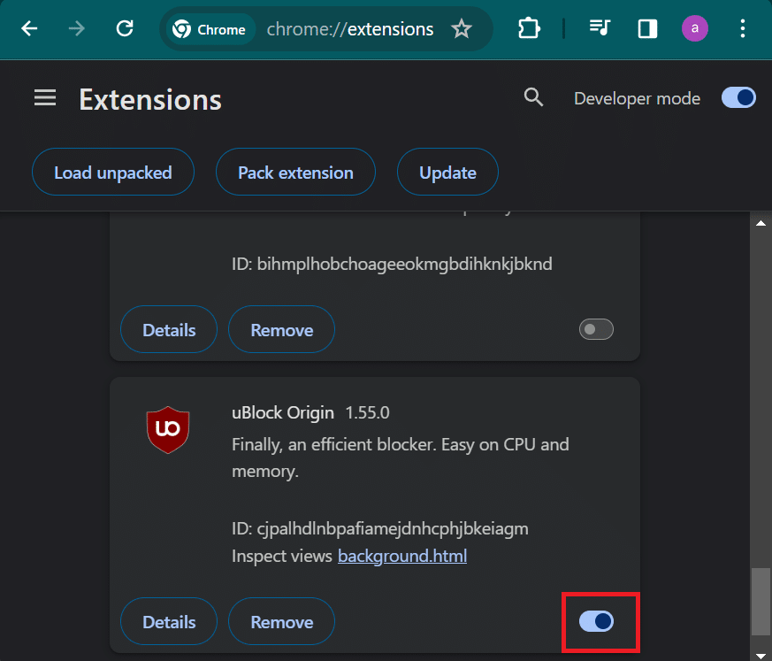 disable adblock extension