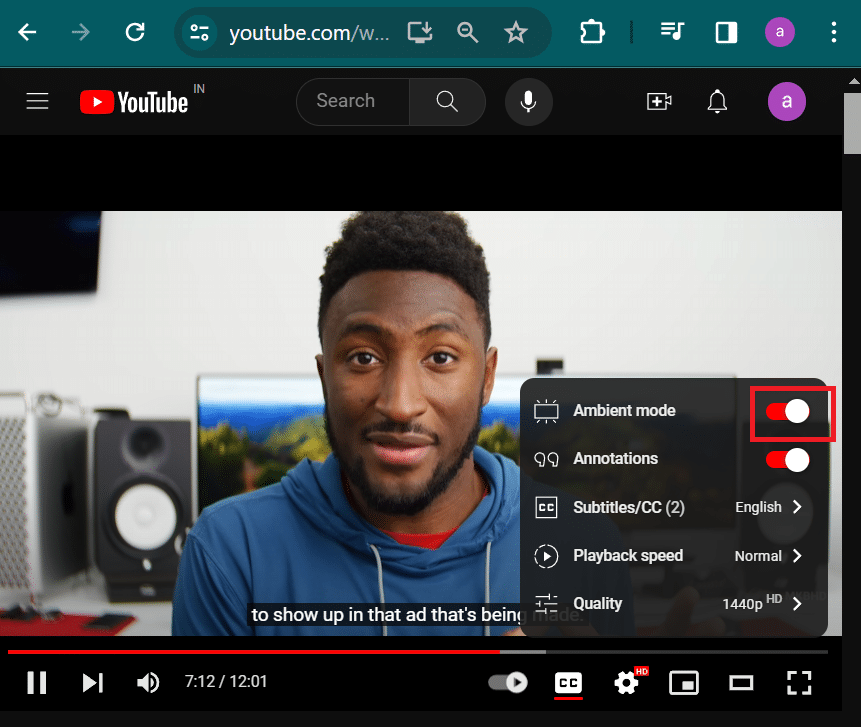 disable ambient mode in youtube