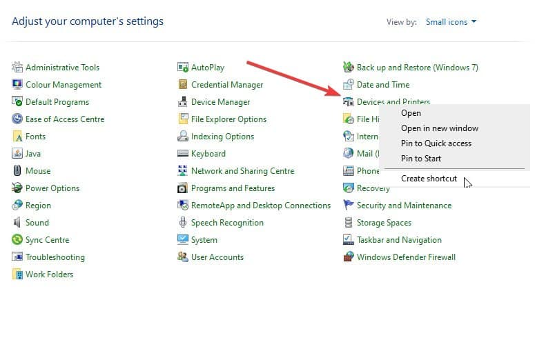 Create Devices and printers shortcut