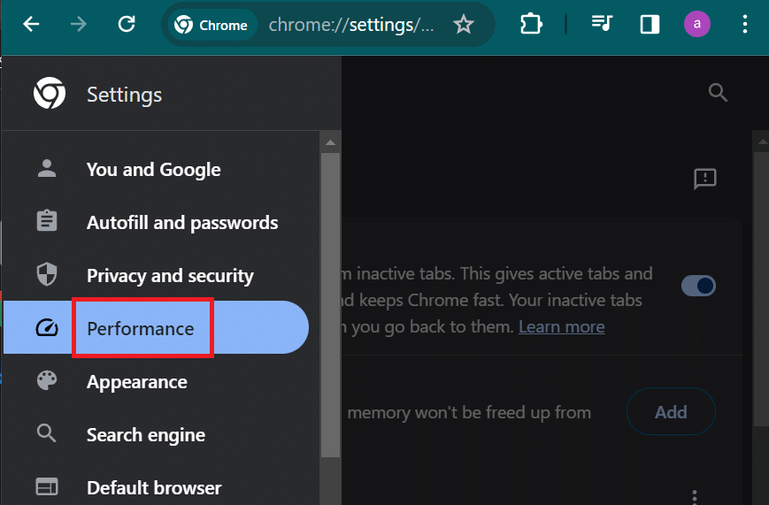 open performance settings in chrome