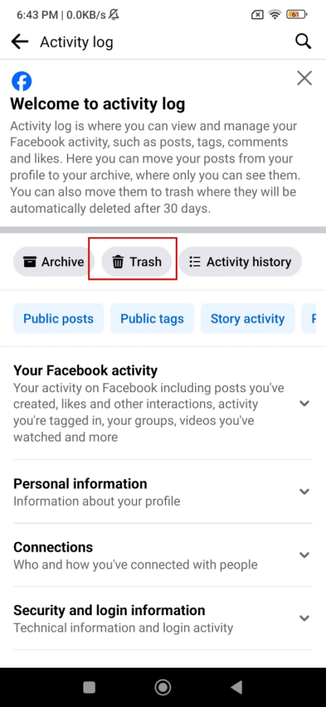 open trash folder facebook