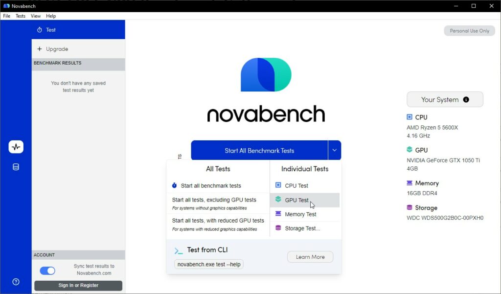 Novabench for GPU benchmarking